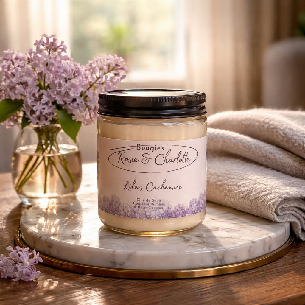 Bougie artisanale Lilas et Cachemire par Bougies Rosie & Charlotte, coulée à la main à Baie-Comeau, Québec. Pot de 250 ml
